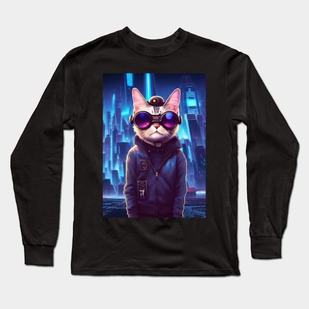 Cool Japanese Techno Cat In Japan Neon City Long Sleeve T-Shirt by star trek fanart and more